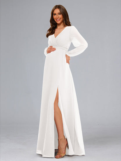 A-Line V-Neck Long Sleeves Floor-Length Baby Shower Wedding Dresses with Sash & Split Side