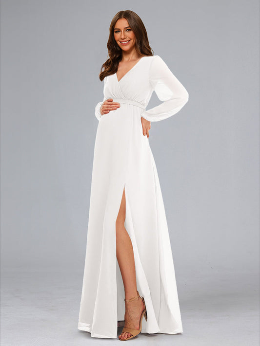 A-Line V-Neck Long Sleeves Floor-Length Baby Shower Wedding Dresses with Sash & Split Side
