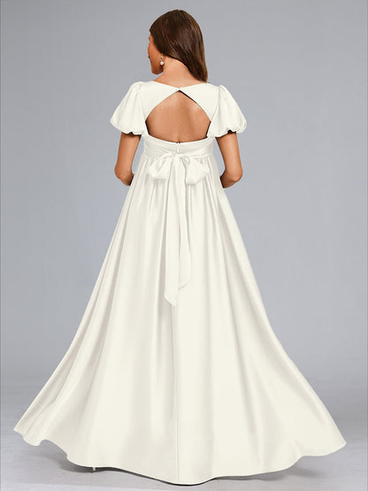 A-Line/Princess V-Neck Short Sleeves Bow Baby Shower Wedding Dresses with Ruffles