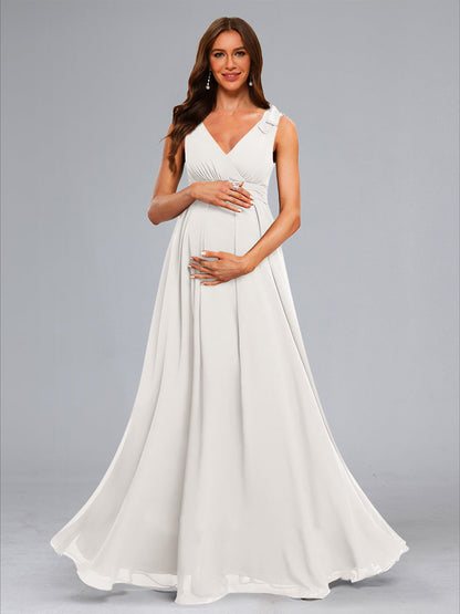 A-Line/Princess Sleeveless Long Chiffon Baby Shower Wedding Dresses with Bow & Pleats