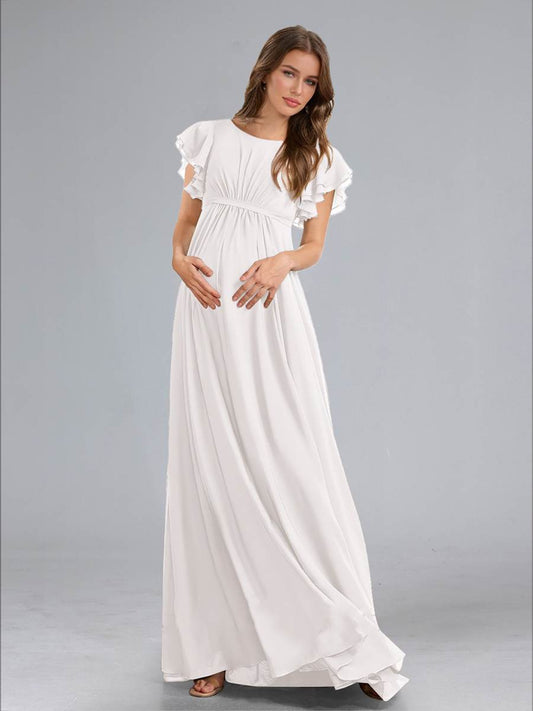 A-Line/Princess Scoop Flutter Sleeves Ruched Baby Shower Wedding Dresses with Sash