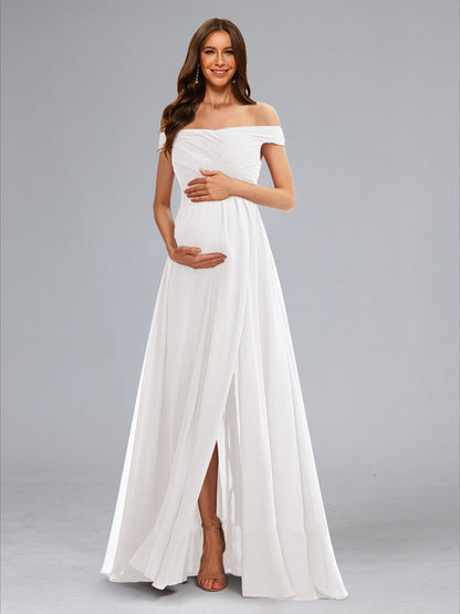 A-Line/Princess Off-the-Shoulder Sleeveless Ruched Formal Baby Shower Wedding Dresses