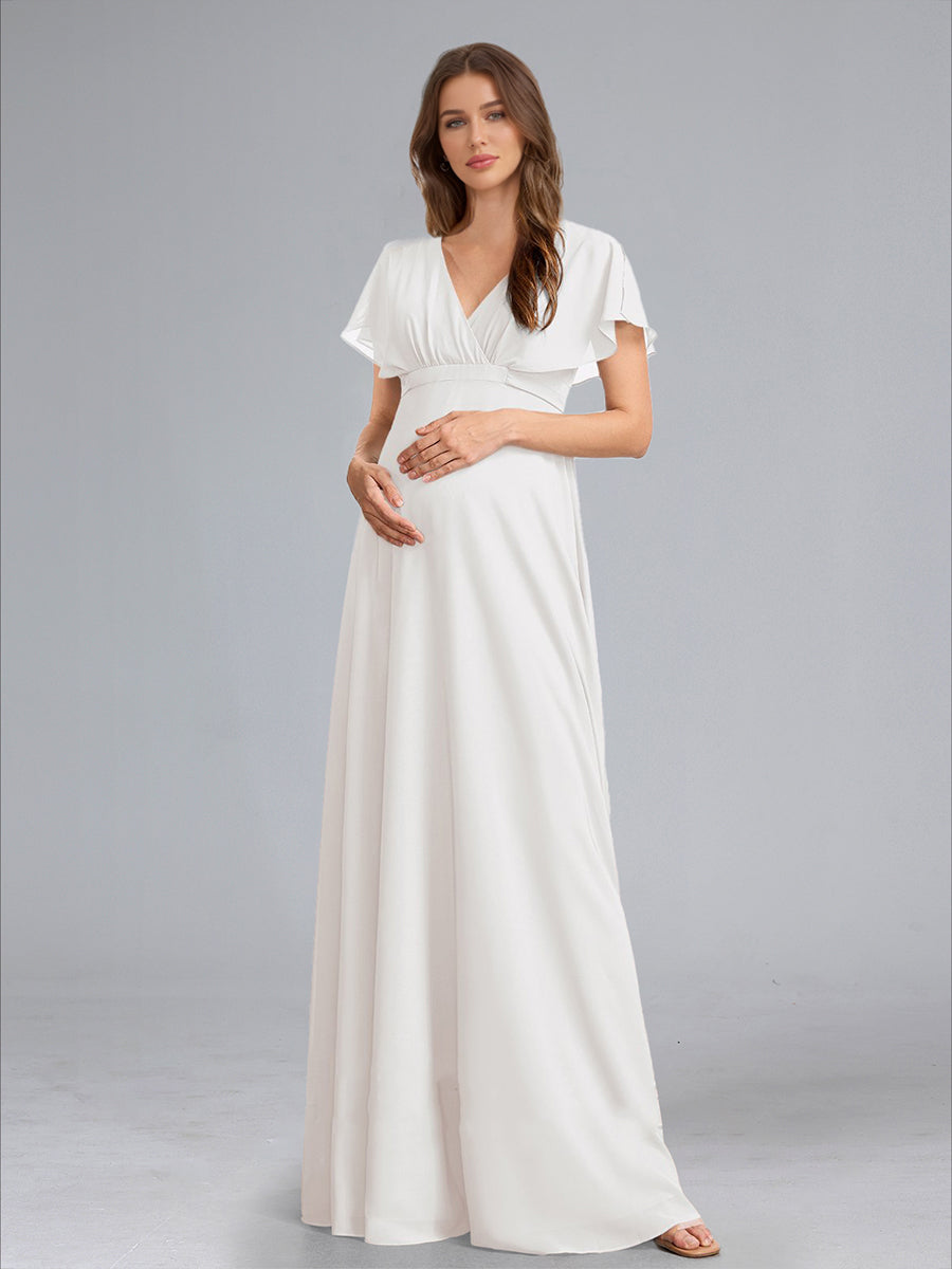 A-Line/Princess V-Neck Flutter Sleeves Ruched Stylish Baby Shower Wedding Dresses