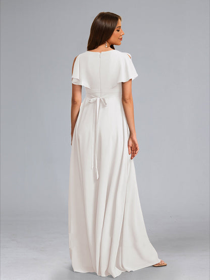 A-Line/Princess V-Neck Flutter Sleeves Ruched Stylish Baby Shower Wedding Dresses