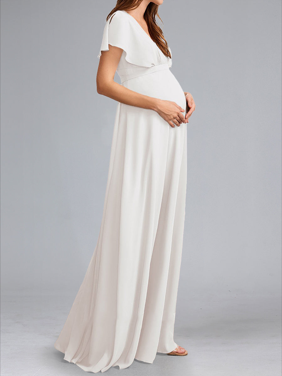 A-Line/Princess V-Neck Flutter Sleeves Ruched Stylish Baby Shower Wedding Dresses