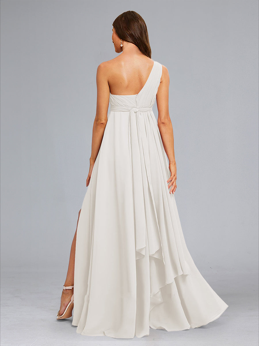 A-Line/Princess One-Shoulder Ruched Long Chiffon Baby Shower Wedding Dresses with Split Side