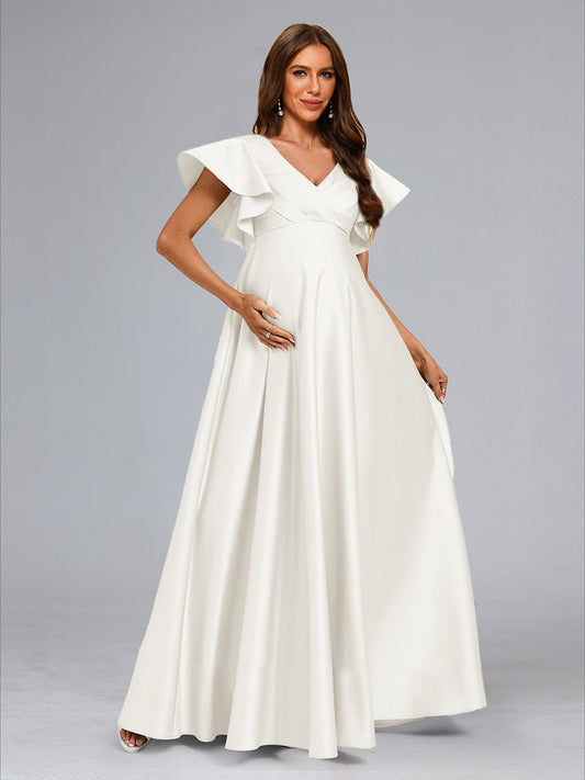 A-Line/Princess V-Neck Short Sleeves Long Elegant Baby Shower Wedding Dresses with Ruffles