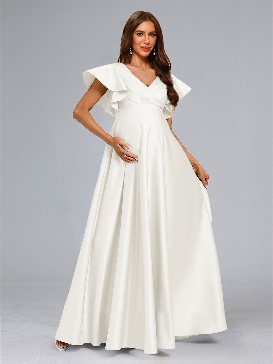 A-Line/Princess V-Neck Short Sleeves Long Elegant Baby Shower Wedding Dresses with Ruffles