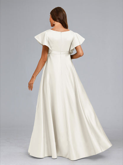 A-Line/Princess V-Neck Short Sleeves Long Elegant Baby Shower Wedding Dresses with Ruffles