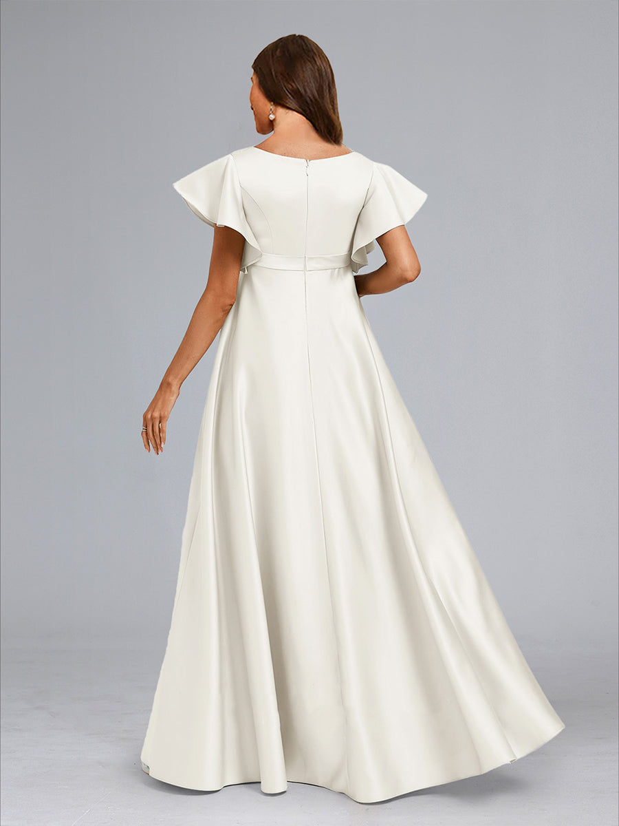 A-Line/Princess V-Neck Short Sleeves Long Elegant Baby Shower Wedding Dresses with Ruffles