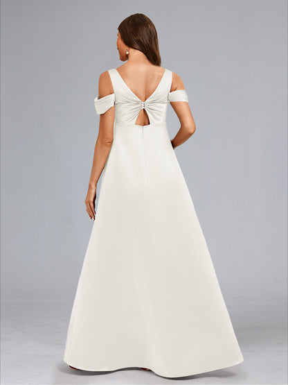 A-Line/Princess Cold Shoulder Floor-Length Baby Shower Wedding Dresses with Button