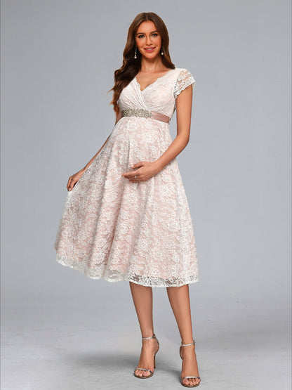 A-Line/Princess V-Neck Knee-Length Lace Baby Shower Wedding Dresses with Sash