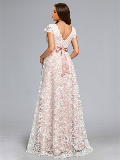 A-Line/Princess V-Neck Floor-Length Lace Baby Shower Wedding Dresses with Sash