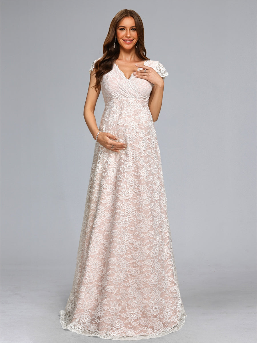 A-Line/Princess V-Neck Floor-Length Lace Baby Shower Wedding Dresses with Sash
