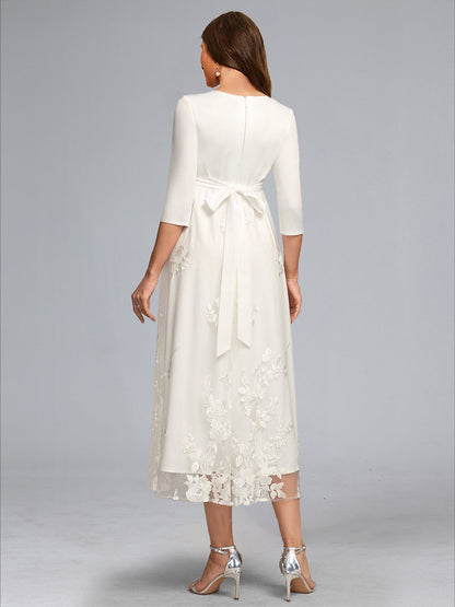 A-Line/Princess V-Neck 3/4 Sleeves Tea-Length Lace Baby Shower Wedding Dresses with Bowknot