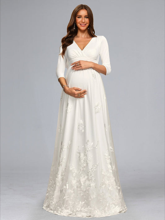 A-Line/Princess V-Neck 3/4 Sleeves Floor-Length Lace Baby Shower Wedding Dresses with Bowknot