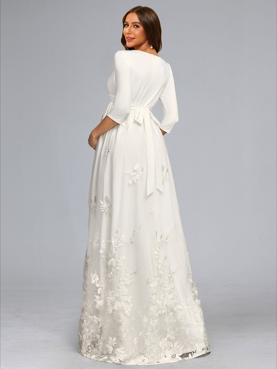 A-Line/Princess V-Neck 3/4 Sleeves Floor-Length Lace Baby Shower Wedding Dresses with Bowknot