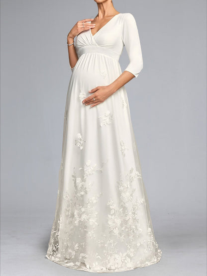 A-Line/Princess V-Neck 3/4 Sleeves Floor-Length Lace Baby Shower Wedding Dresses with Bowknot