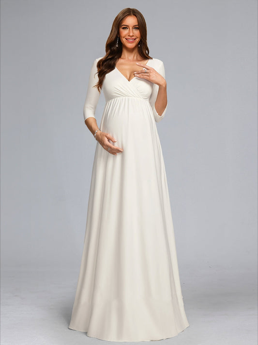 A-Line/Princess V-Neck 3/4 Sleeves Floor-Length Baby Shower Wedding Dresses with Bowknot