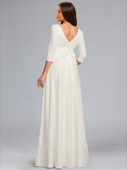 A-Line/Princess V-Neck 3/4 Sleeves Floor-Length Baby Shower Wedding Dresses with Bowknot
