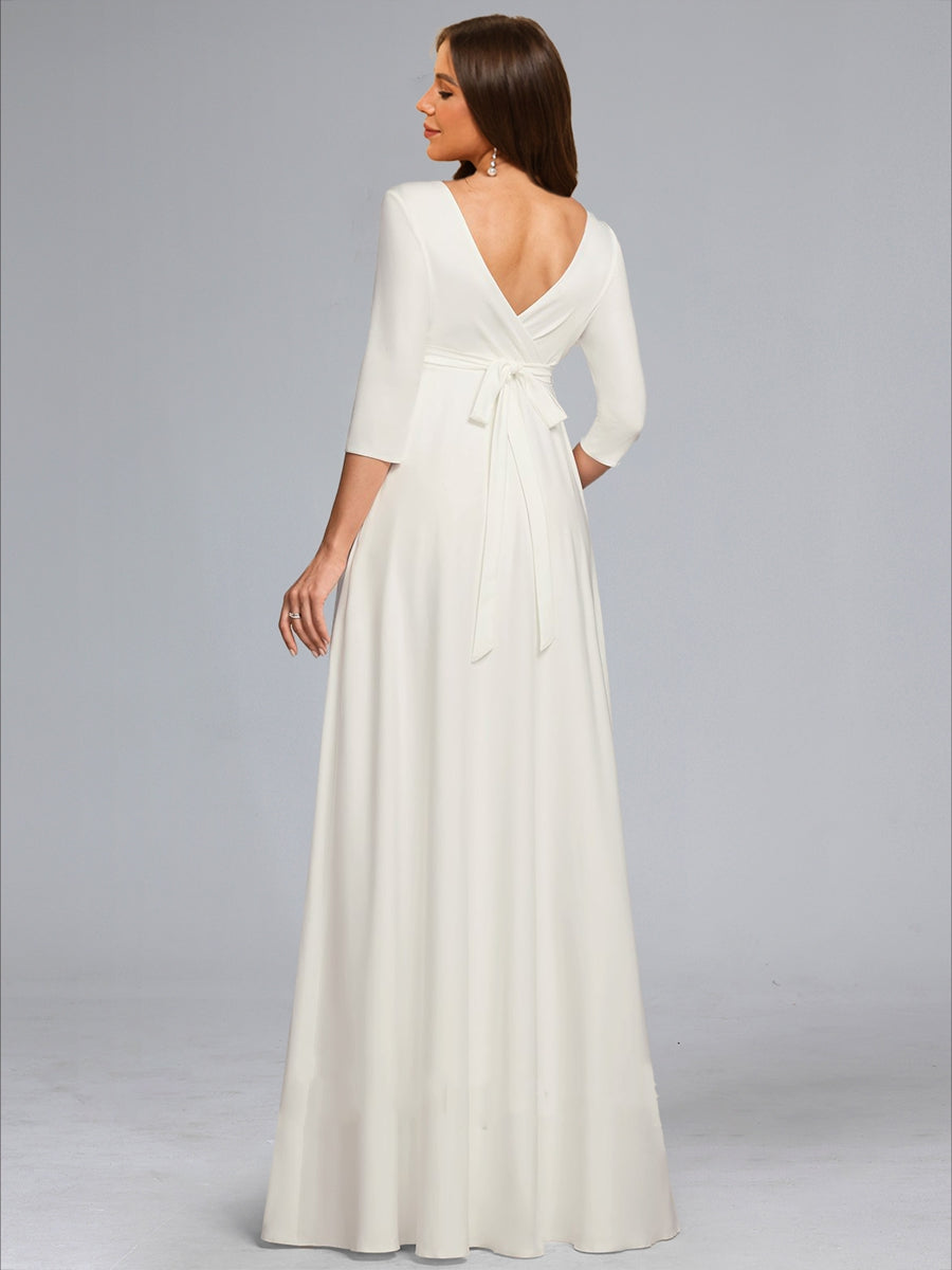 A-Line/Princess V-Neck 3/4 Sleeves Floor-Length Baby Shower Wedding Dresses with Bowknot