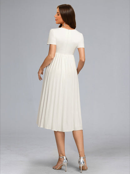 A-Line/Princess V-Neck Tea-Length Short Sleeves Pleated Baby Shower Wedding Dresses with Sash