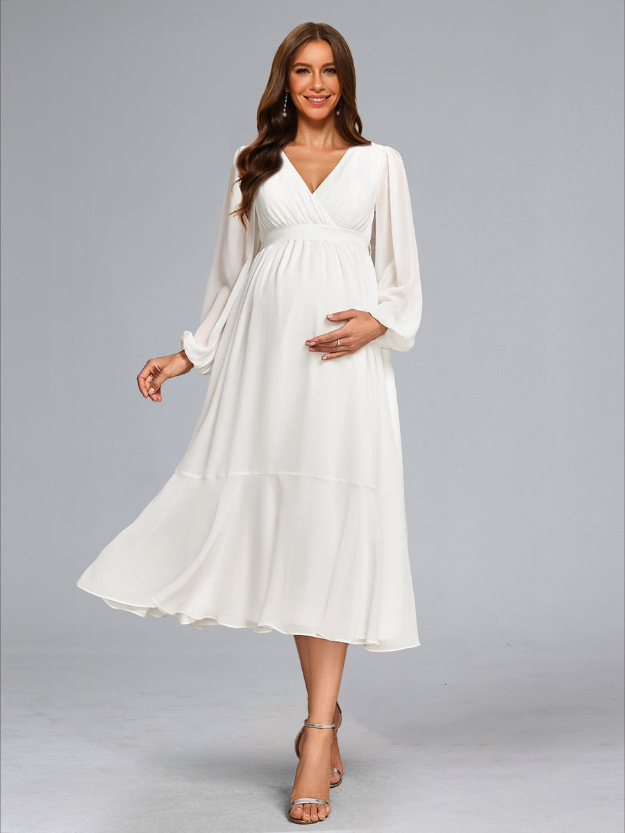 A-Line/Princess V-Neck Tea-Length Long Sleeves Chiffon Baby Shower Wedding Dresses with Bowknot
