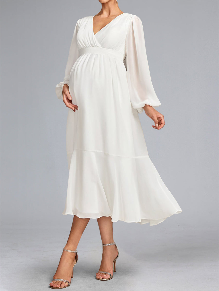 A-Line/Princess V-Neck Tea-Length Long Sleeves Chiffon Baby Shower Wedding Dresses with Bowknot
