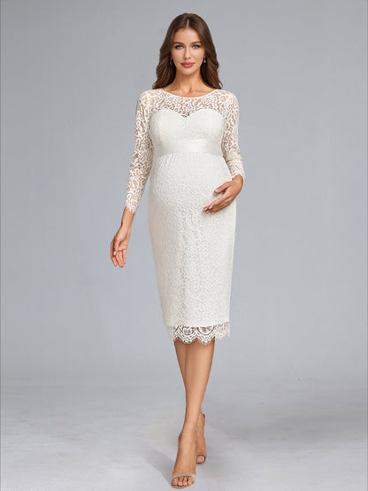 Sheath/Cloumn Scoop Neck Tea-Length Long Sleeves Lace Baby Shower Wedding Dresses with Bowknot