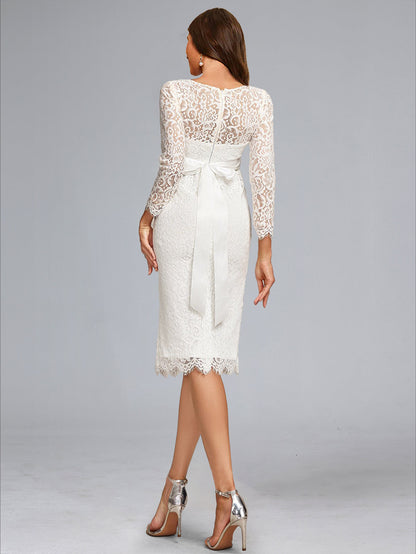 Sheath/Cloumn Scoop Neck Tea-Length Long Sleeves Lace Baby Shower Wedding Dresses with Bowknot