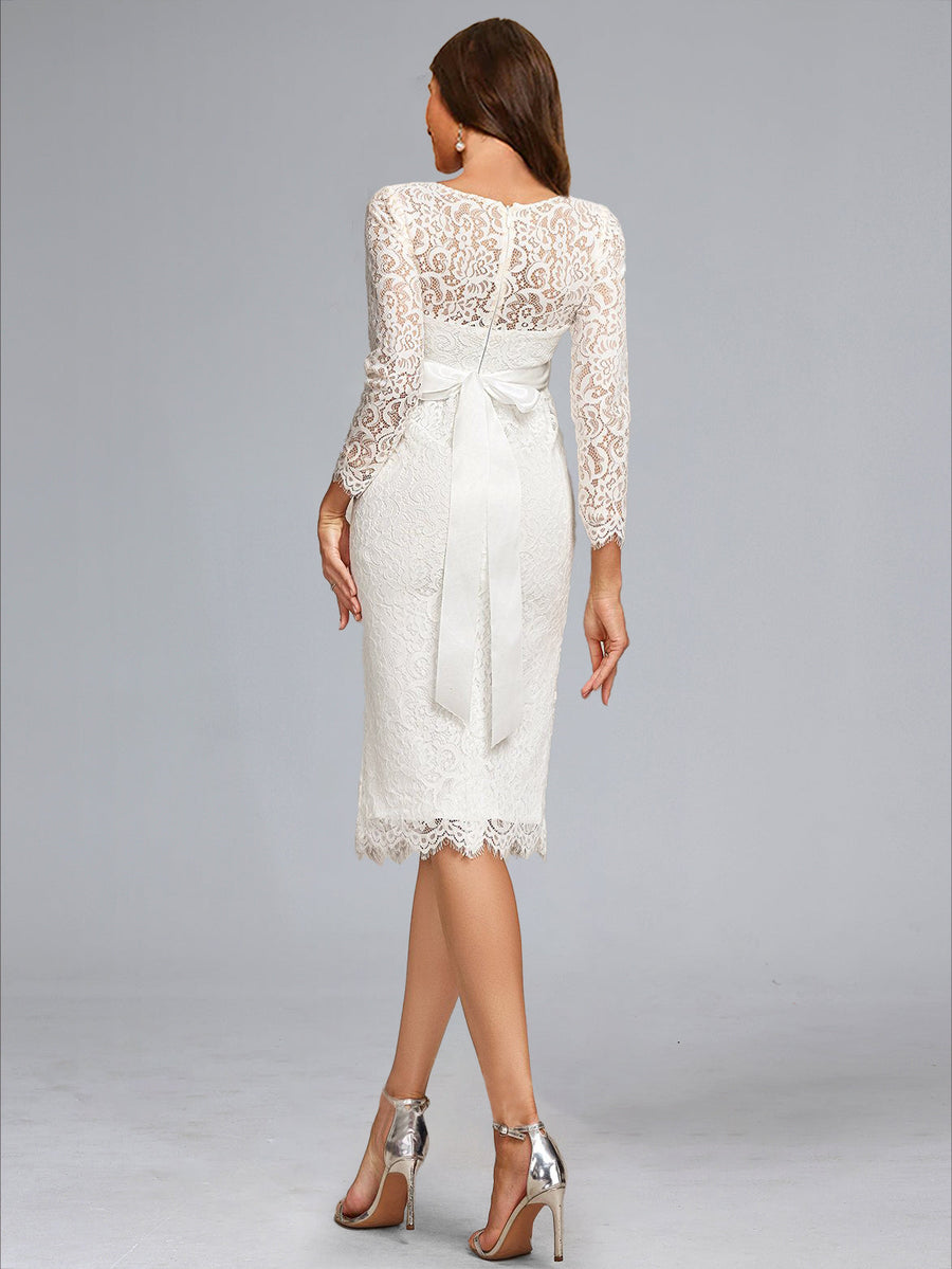 Sheath/Cloumn Scoop Neck Tea-Length Long Sleeves Lace Baby Shower Wedding Dresses with Bowknot