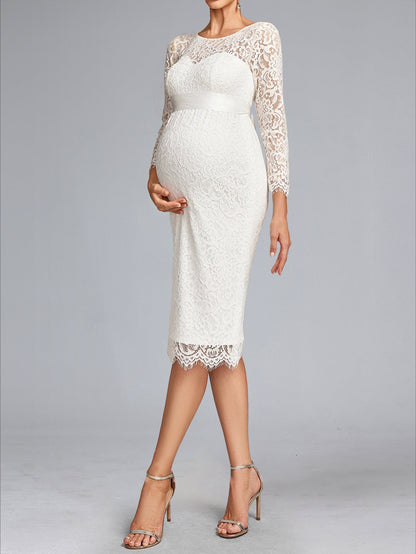 Sheath/Cloumn Scoop Neck Tea-Length Long Sleeves Lace Baby Shower Wedding Dresses with Bowknot