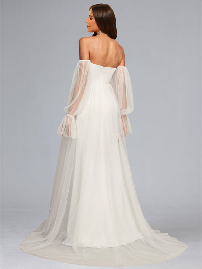 A-Line/Princess Sweetheart Sweep Train Long Sleeves Tulle Baby Shower Wedding Dresses with Side Slit