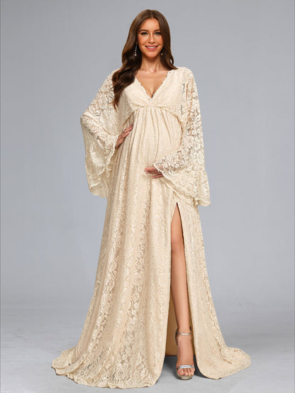 A-Line/Princess V-Neck Sweep Train Long Sleeves Lace Baby Shower Wedding Dresses with Side Slit