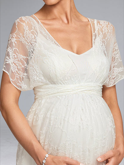 A-Line/Princess V-Neck Floor-Length Short Sleeves Lace Baby Shower Wedding Dresses