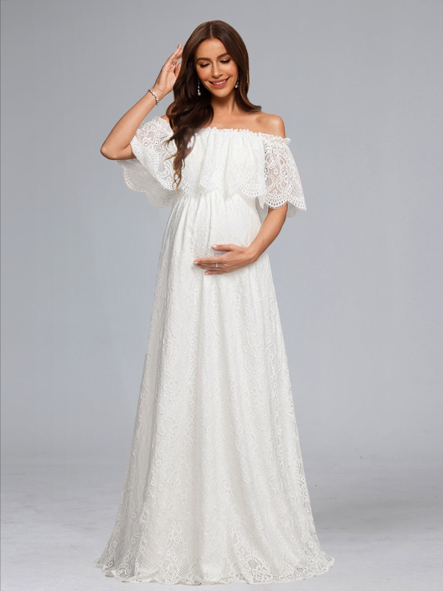A-Line/Princess Off-the-Shoulder Lace Floor-Length Baby Shower Wedding Dresses