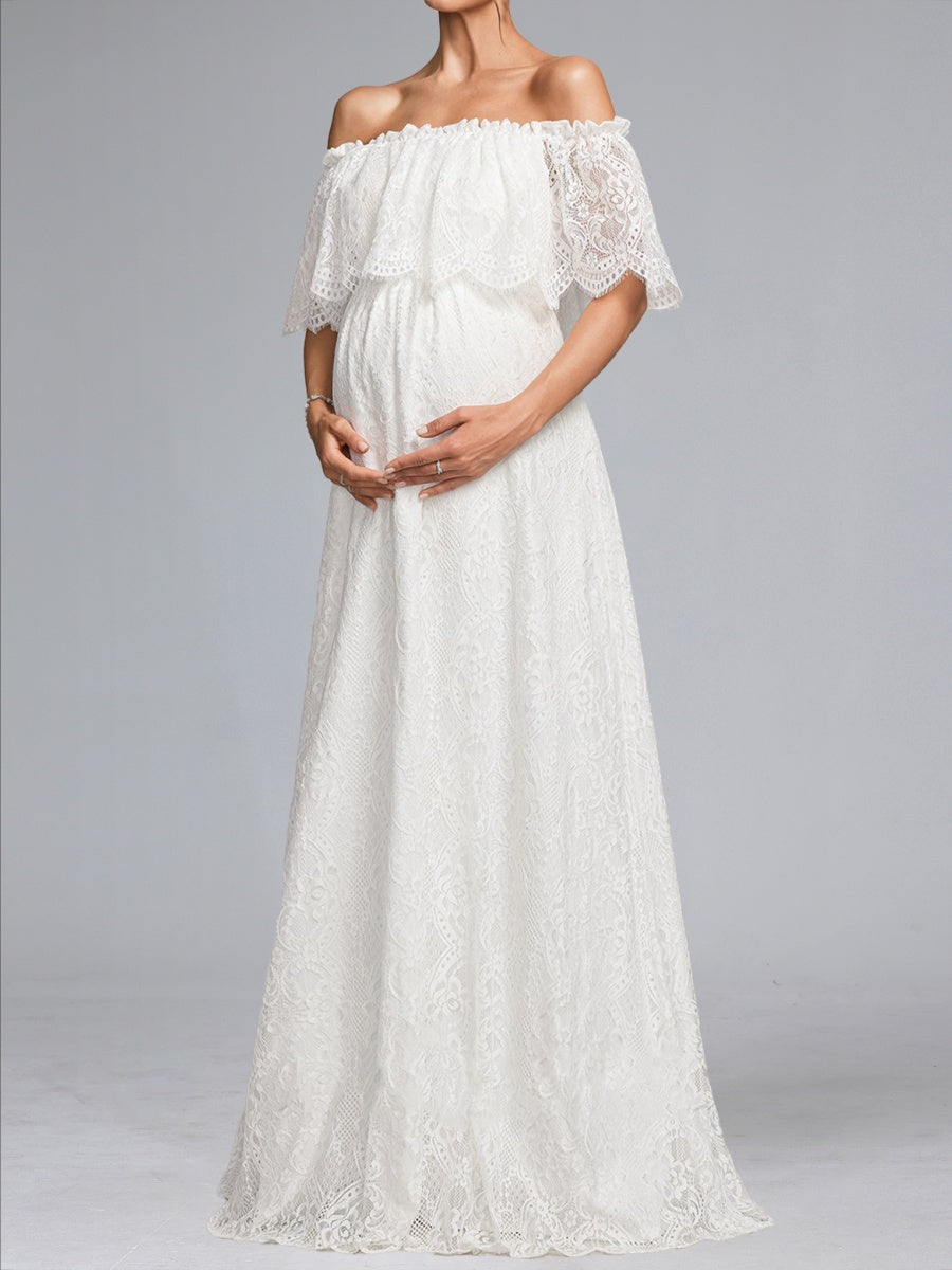A-Line/Princess Off-the-Shoulder Lace Floor-Length Baby Shower Wedding Dresses