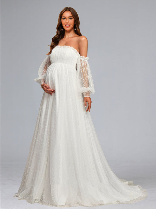 A-Line/Princess Strapless Tulle Sweep Train Baby Shower Wedding Dresses with Removable Sleeves