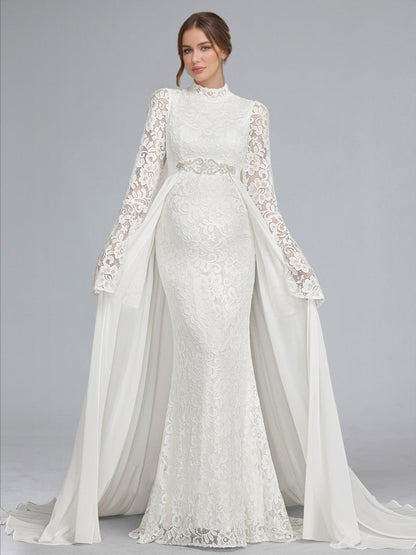 Trumpet/Mermaid High Neck Lace Sweep Train Long Sleeves Baby Shower Wedding Dresses with Waist Cape