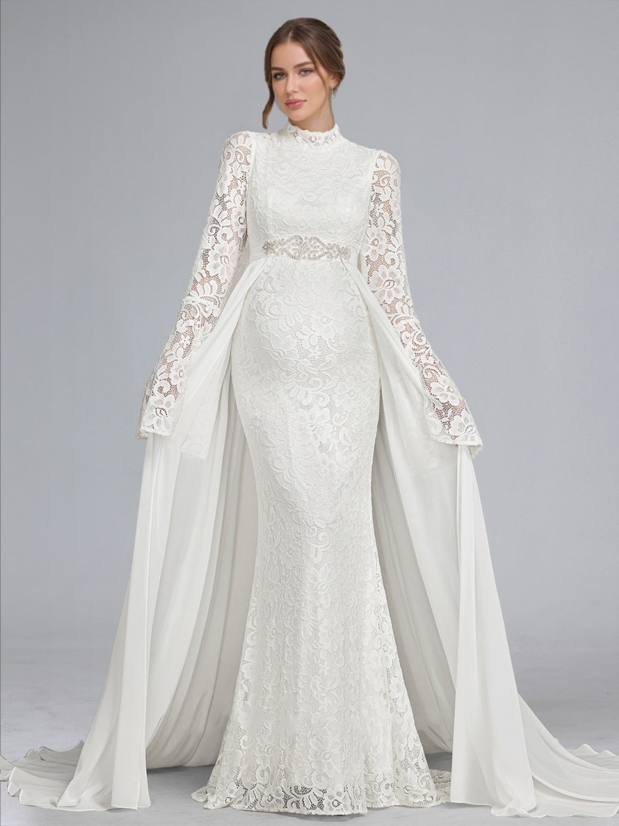 Trumpet/Mermaid High Neck Lace Sweep Train Long Sleeves Baby Shower Wedding Dresses with Waist Cape