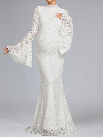 Trumpet/Mermaid High Neck Lace Sweep Train Long Sleeves Baby Shower Wedding Dresses with Waist Cape