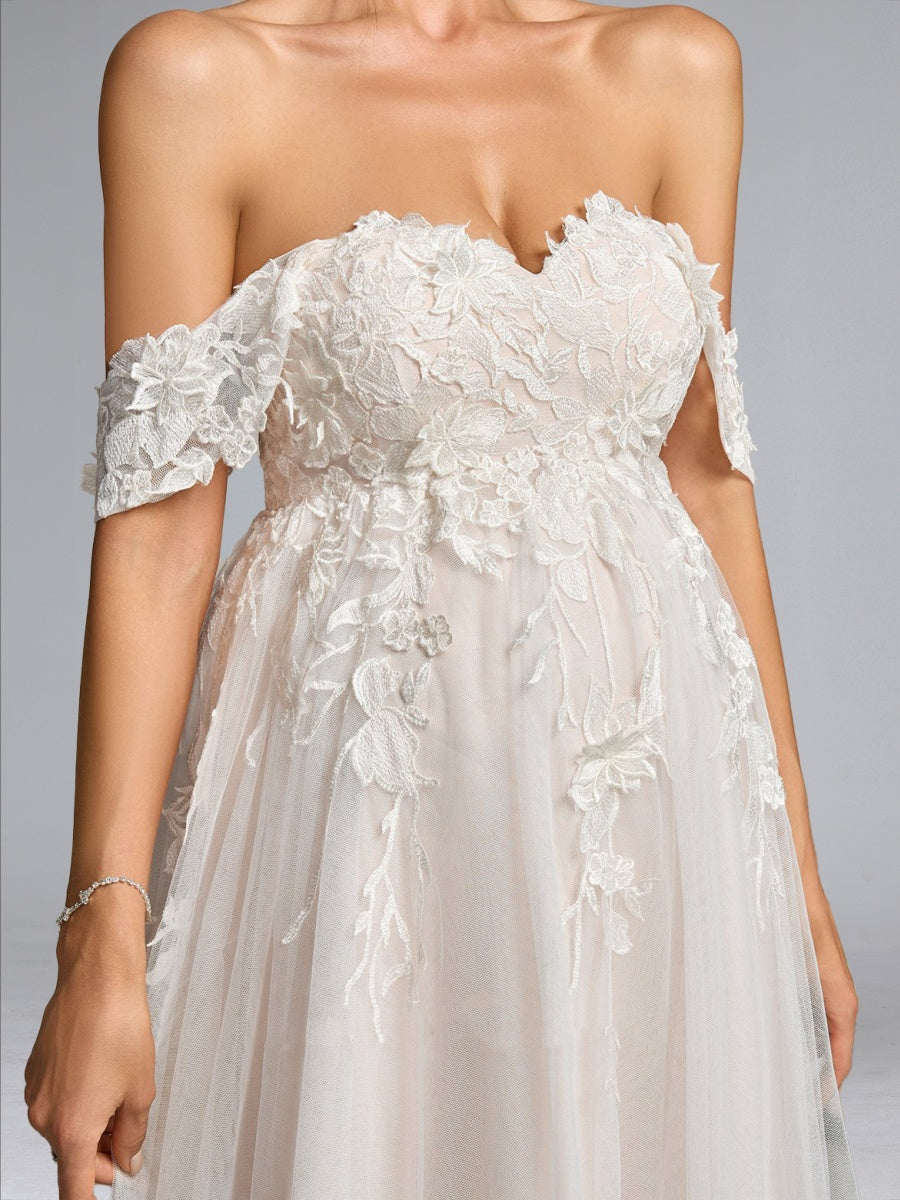 A-Line/Princess Off-the-Shoulder Tulle Sweep Train Baby Shower Wedding Dresses with Appliques