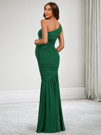 Trumpet/Mermaid One Shoulder Sleeveless Floor Length Baby Shower Wedding Guest Dresses with Side Slit