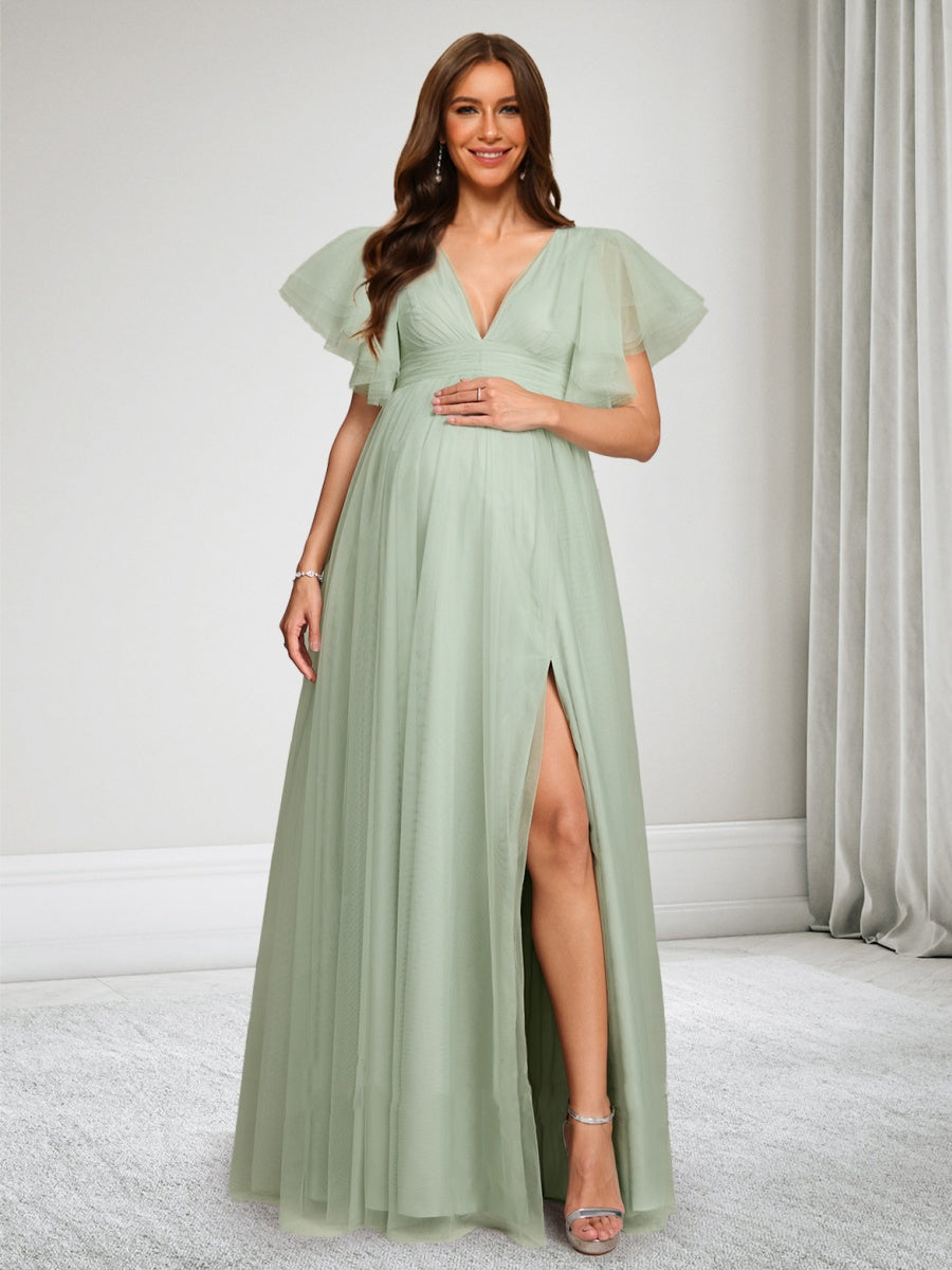 A-Line/Princess V-Neck Floor Length Tulle Baby Shower Wedding Guest Dresses with Side Slit