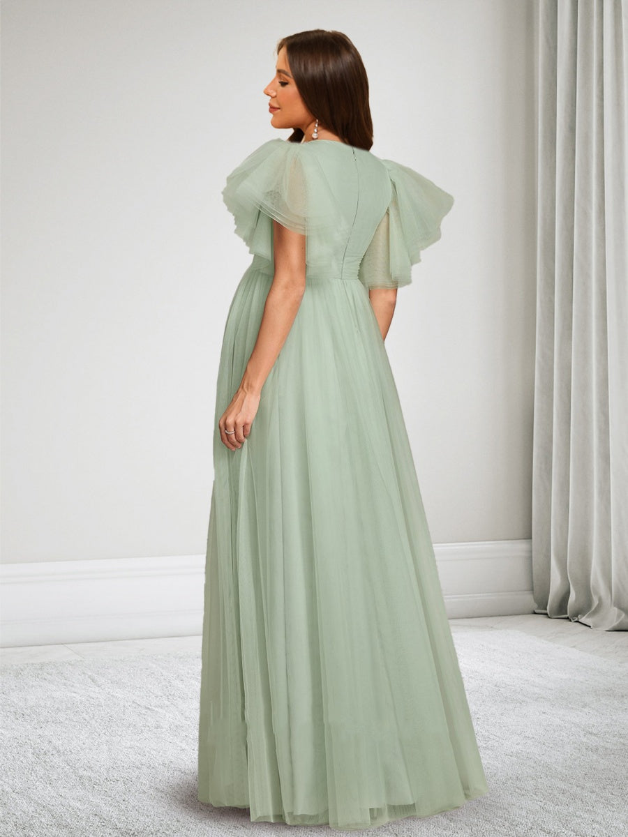 A-Line/Princess V-Neck Floor Length Tulle Baby Shower Wedding Guest Dresses with Side Slit