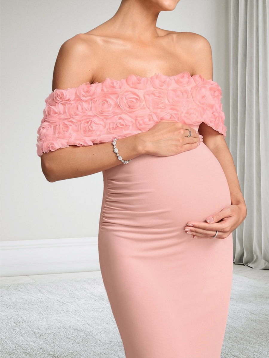 Trumpet/Mermaid Off-the-Shoulder Floor-Length Baby Shower Wedding Guest Dresses with 3D Floral