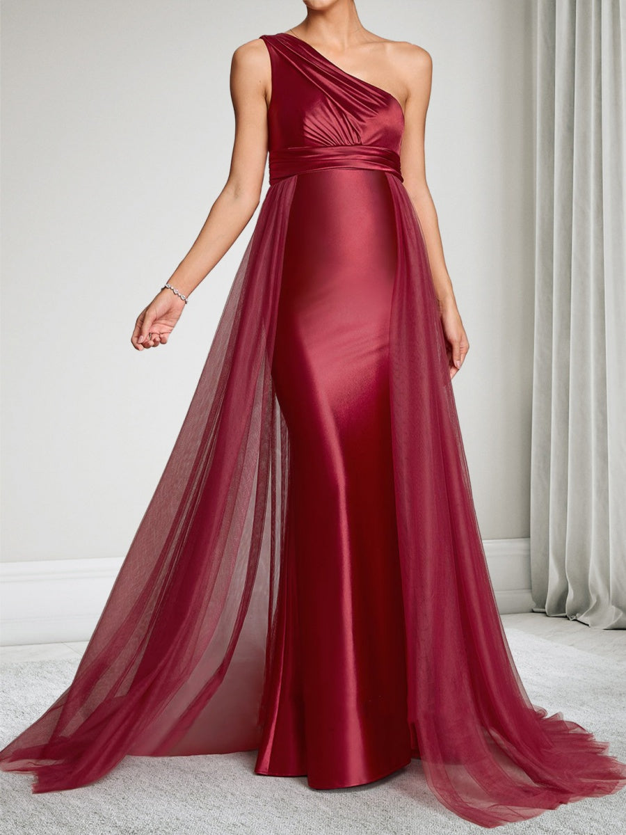 Sheath/Cloumn One Shoulder Sleeveless Floor-Length Baby Shower Wedding Guest Dresses with Waist Cape