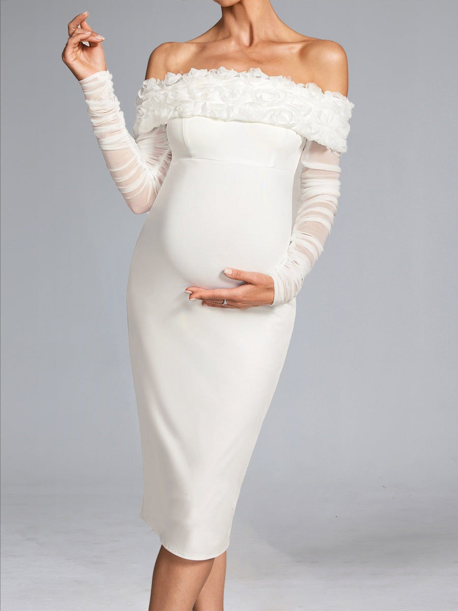 Sheath/Cloumn Off-the-Shoulder Long Sleeves Knee-Length Ruched Baby Shower Wedding Guest Dresses with 3D Floral