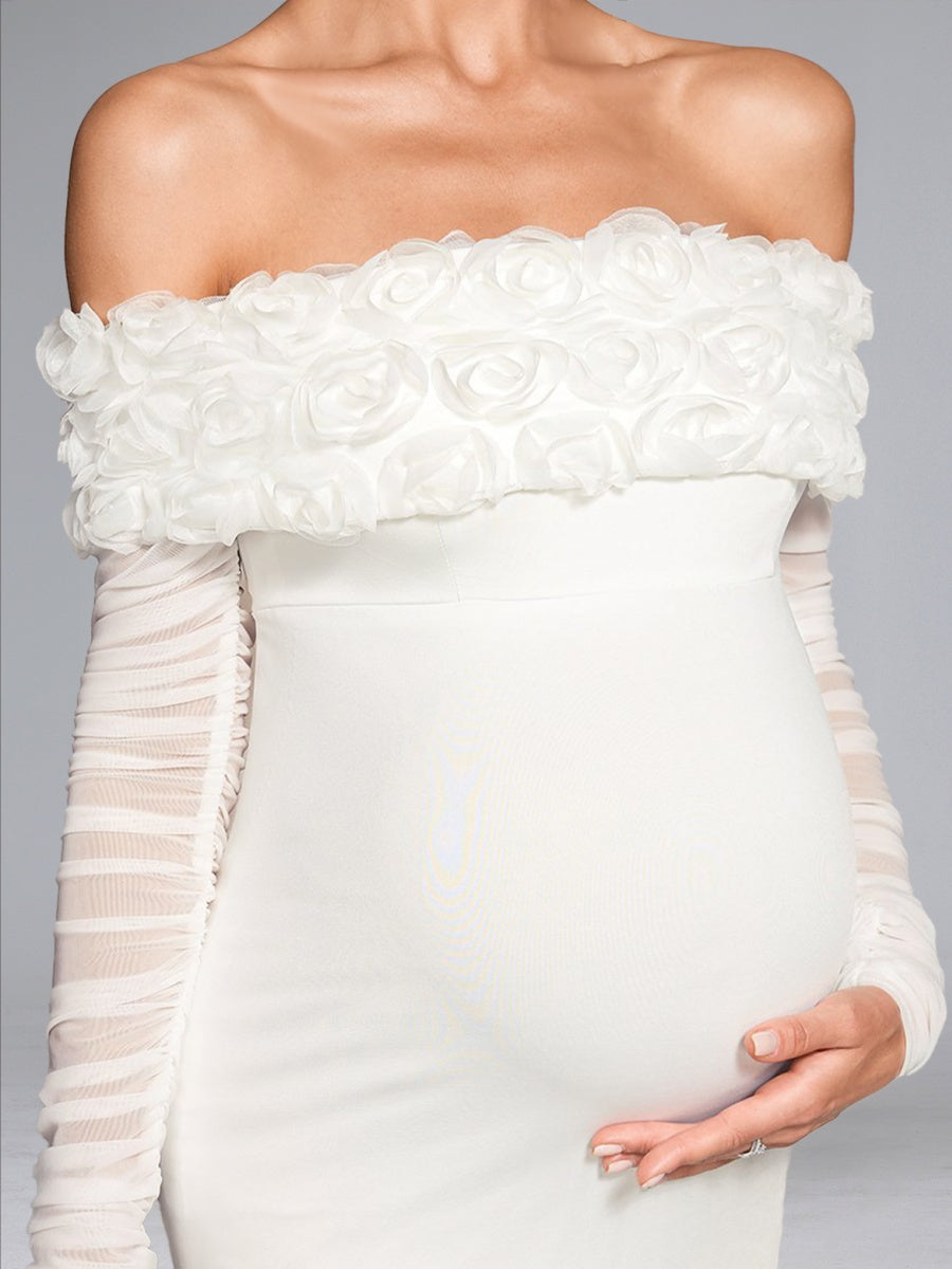 Sheath/Cloumn Off-the-Shoulder Long Sleeves Knee-Length Ruched Baby Shower Wedding Guest Dresses with 3D Floral