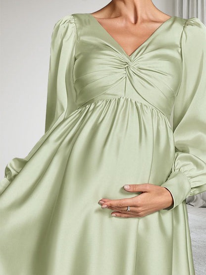 A-Line/Princess Long Sleeves Knee-Length Satin Baby Shower Wedding Guest Dresses with Ruffles